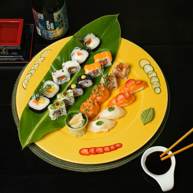 BB1 · For 4 people – 4 miso soups, 8 pcs assorted nigiri (salmon, tuna, prawn, crab), 6 pcs salmon maki, 6 pcs tuna maki, 6 pcs cucumber maki, 6 pcs bell pepper maki, 4 pcs Sake Roll, 4 pcs Vegi Roll, 4 pcs Black Tiger Roll